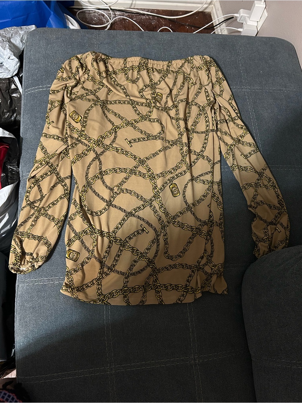 Michael Kors Tan Chain-Print Long Sleeve Blouse - Picture 2 of 7